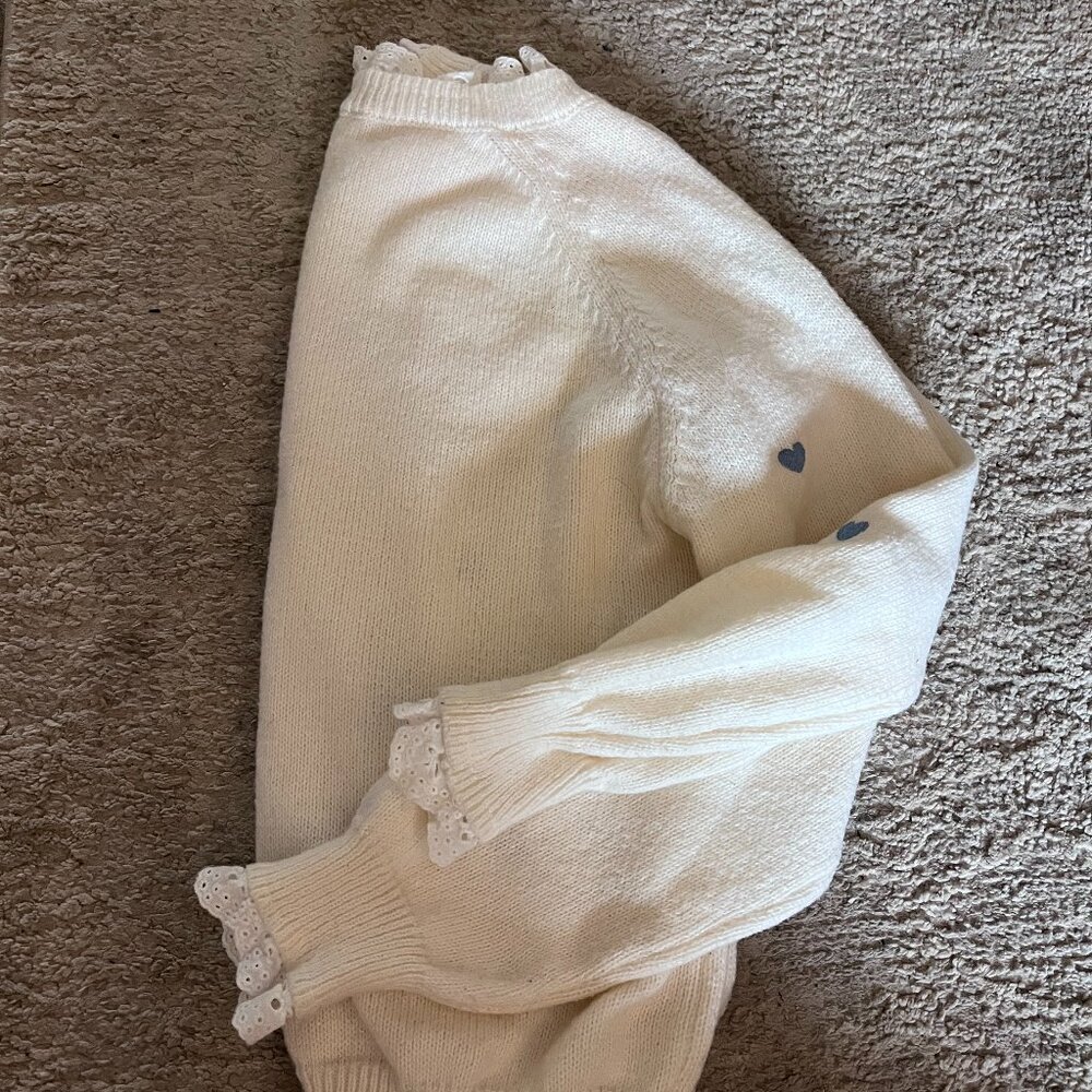 Blue Heart Sweater with Lace Trim